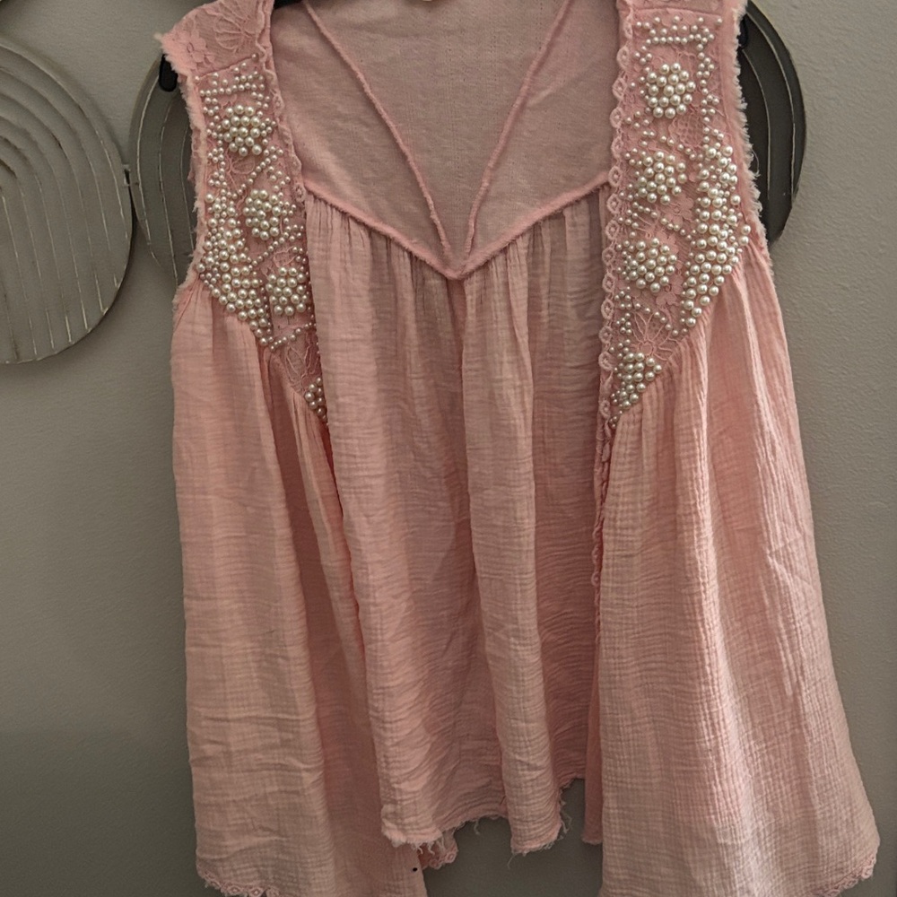 NWOT Pol Pink Sleeveless vest with Pearl and lace Embellishments oversized nwot - Picture 5 of 6